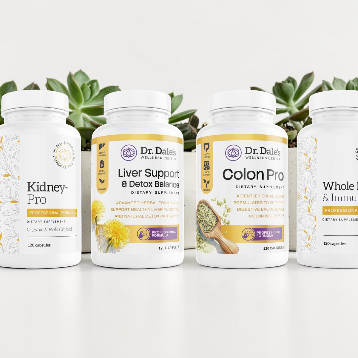 Dr. Dale Wellness Retail full body detox supplement bottles including Liver, Kidney, Colon, and Whole Body Pro formulas.