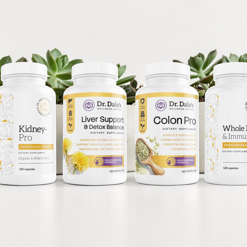 Dr. Dale Wellness Retail full body detox supplement bottles including Liver, Kidney, Colon, and Whole Body Pro formulas.