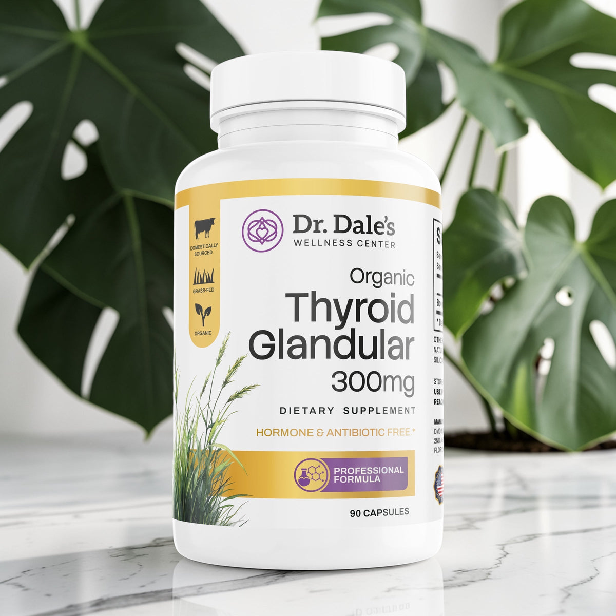 Dr. Dale Wellness Retail Thyroid Glandular Support Complex 300mg supplement bottle on a marble surface with green leaves.