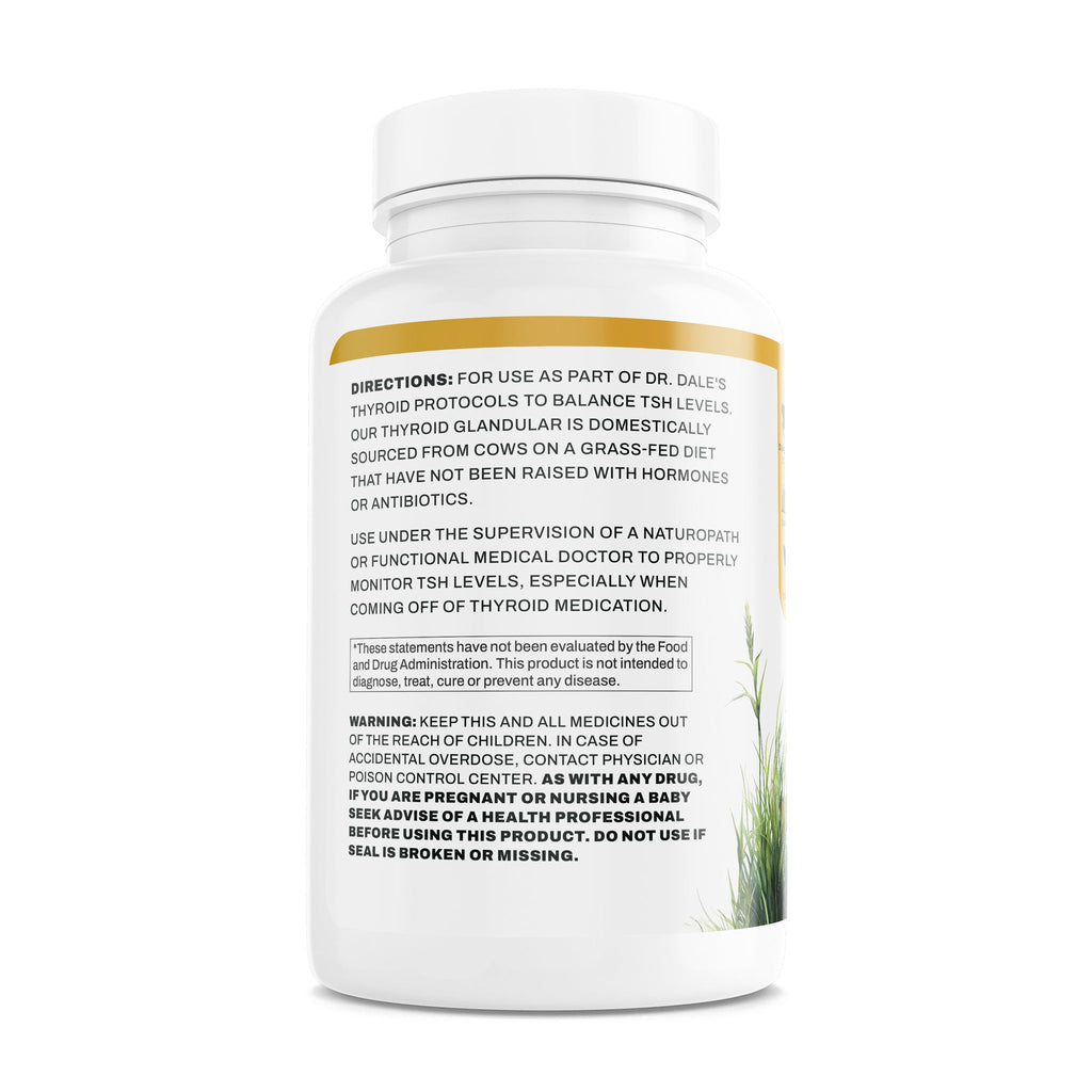 Dr. Dale Wellness Retail Thyroid Glandular Support Complex supplement bottle back label with directions and warnings