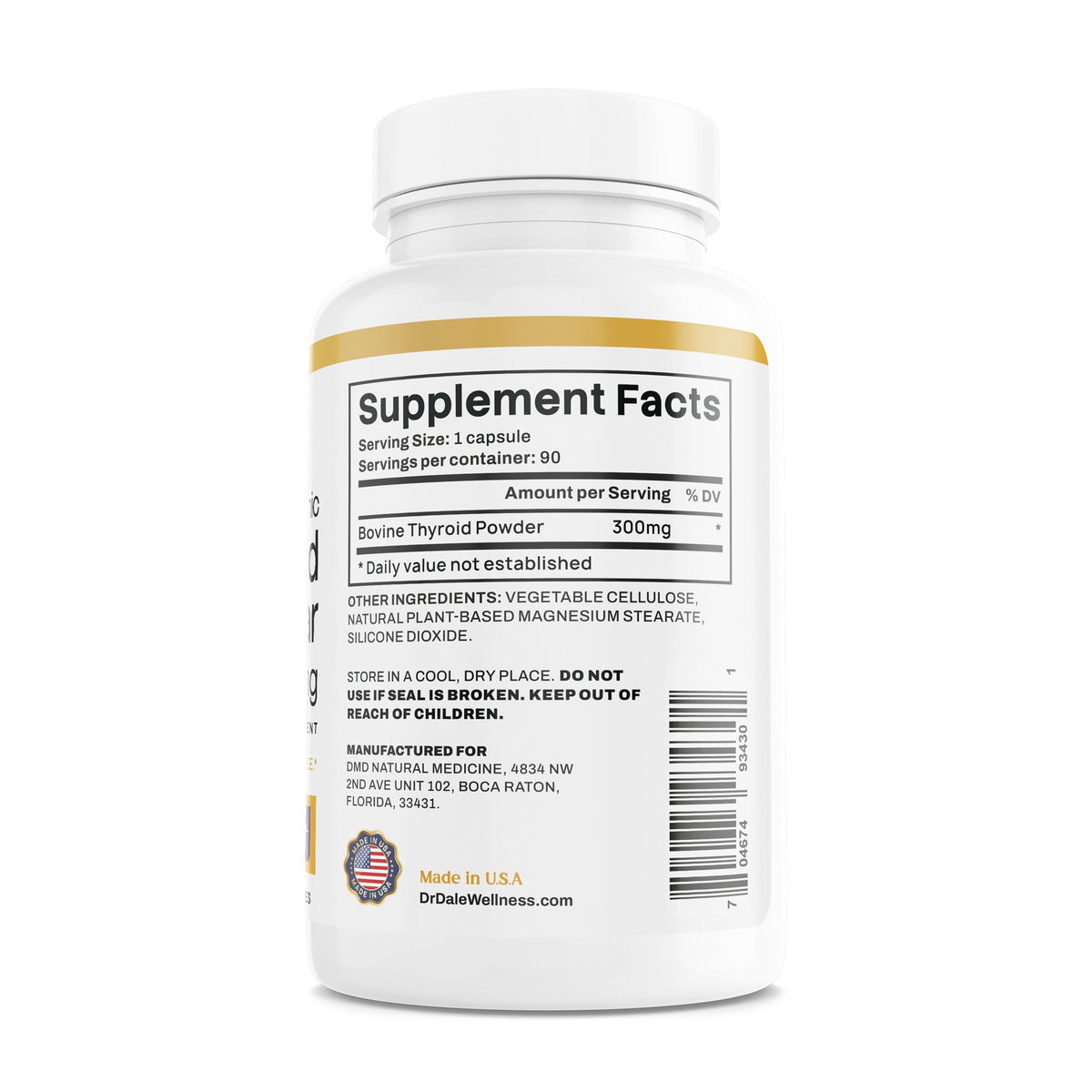 Dr. Dale Wellness Retail Thyroid Glandular Support Complex supplement bottle showing the Supplement Facts label